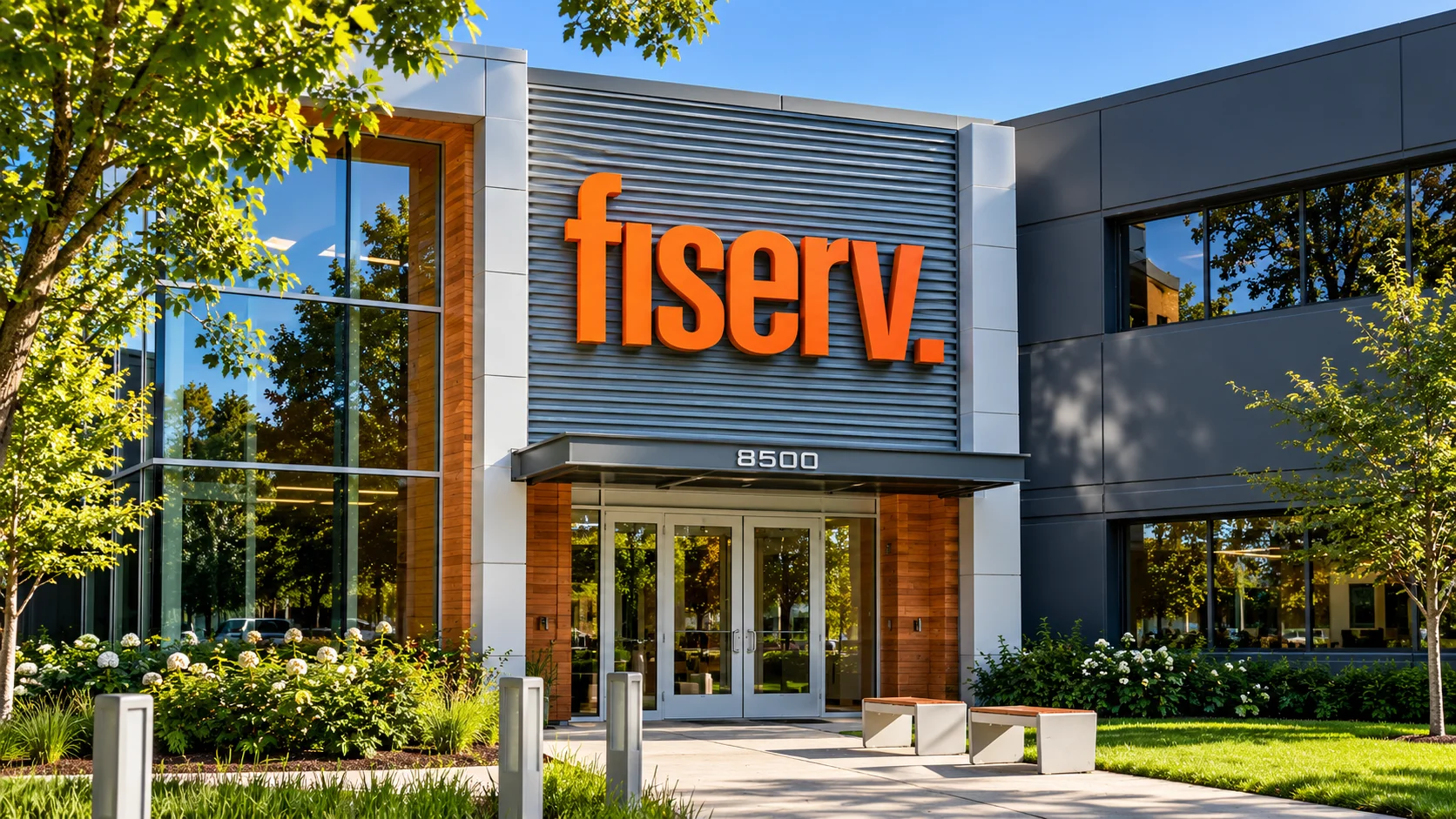 Fiserv facade with the company logo prominently displayed.