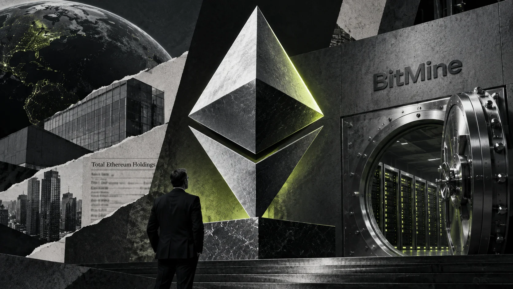 Monumental Ethereum symbol in front of a BitMine vault, with servers in the background, representing the accumulation of nearly 5% of the cryptocurrency's total supply.