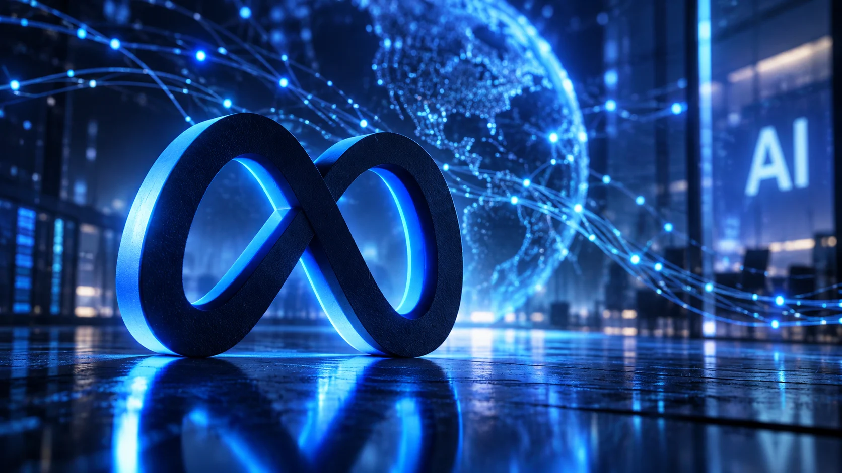 Meta logo in a digital environment with AI connections in the background.