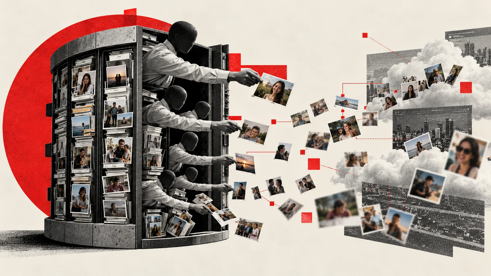 El collage muestra agentes anónimos distribuyendo fotos de usuarios hacia la nube, simbolizando la filtración de imágenes privadas.