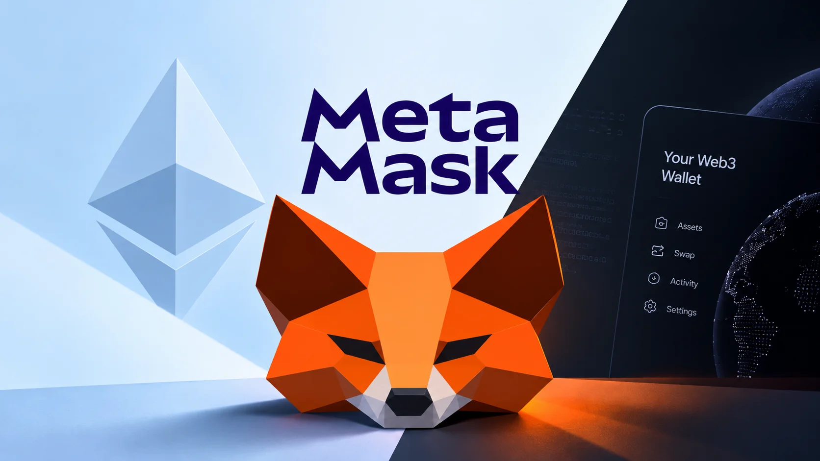 Illustration of MetaMask with the fox symbol highlighted, a reference to Ethereum, and a Web3 wallet interface in the background.