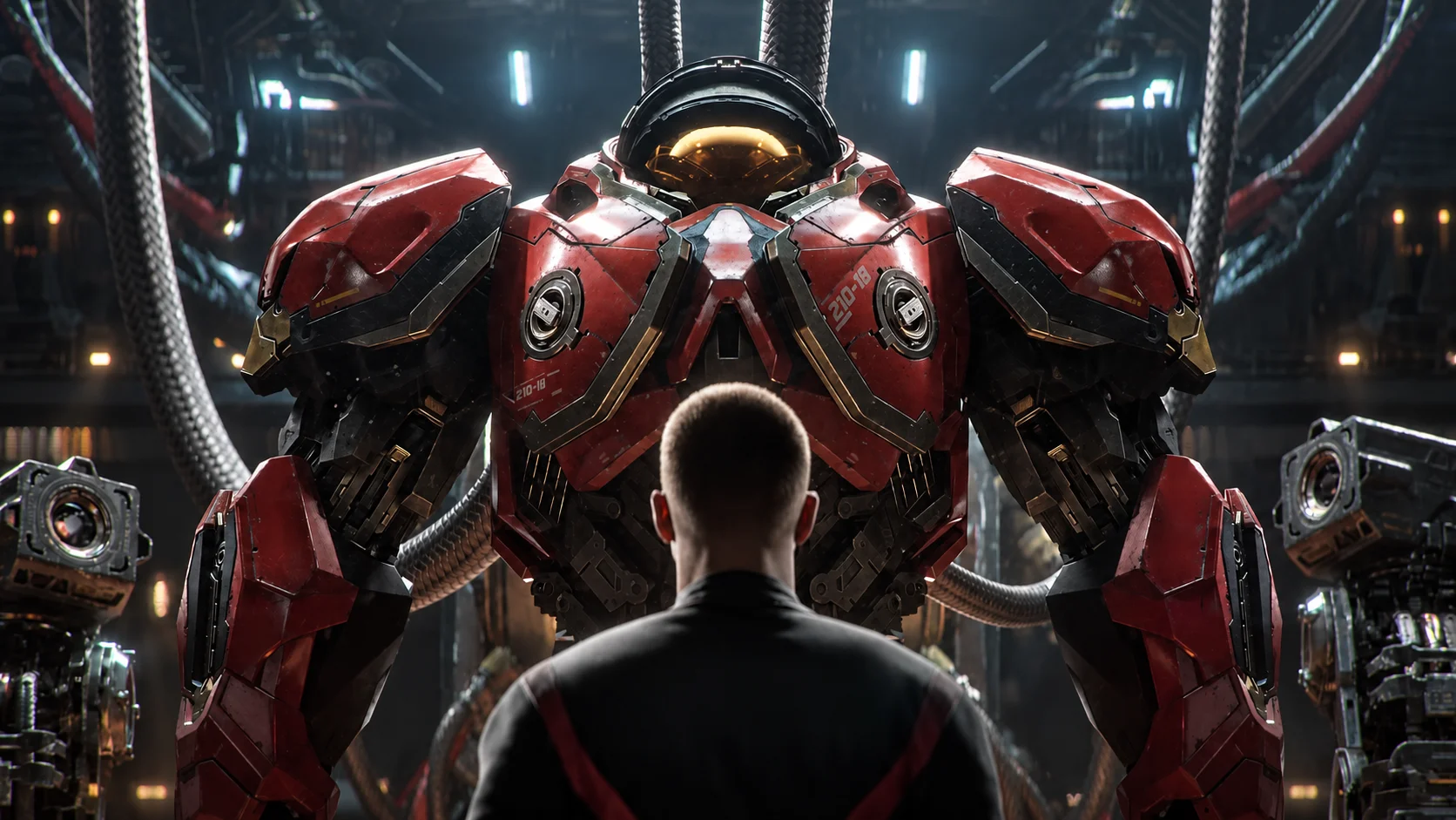 A person observes a large red mechanical suit in a futuristic hangar.