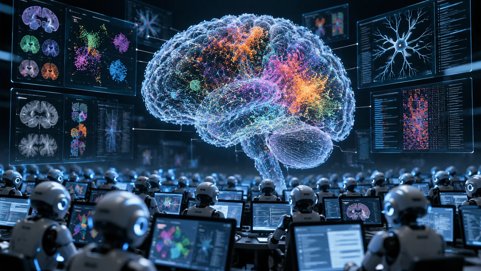 Representação digital de um cérebro cercado por painéis científicos e robôs que simbolizam agentes de inteligência artificial.