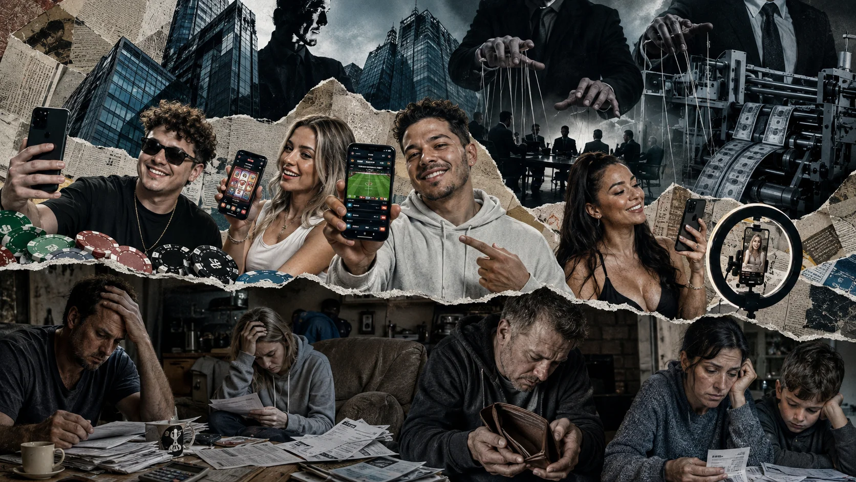 Montagem em estilo de colagem mostra influenciadores sorrindo e exibindo aplicativos de apostas, enquanto ao fundo aparecem executivos manipulando a cena e, na parte inferior, pessoas preocupadas com contas, carteira vazia e perdas financeiras.