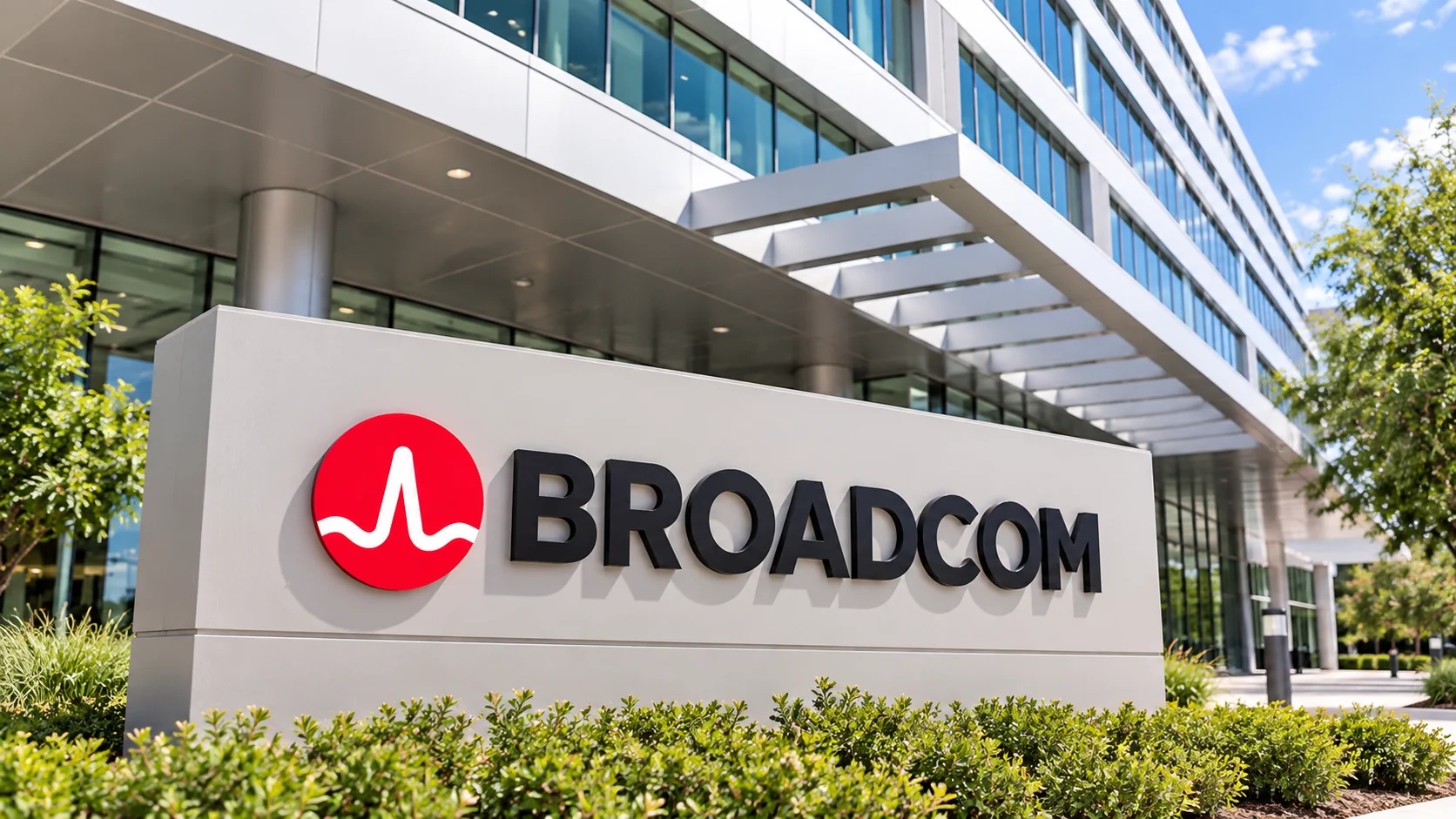 Fachada de Broadcom con el logotipo de la empresa en primer plano.