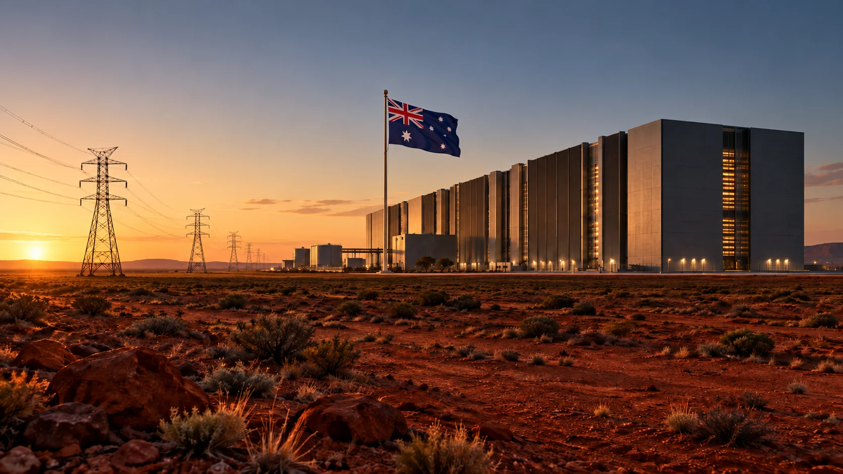 Conceptual illustration shows a large data center campus in an arid area, with power transmission lines and the Australian flag at sunset.