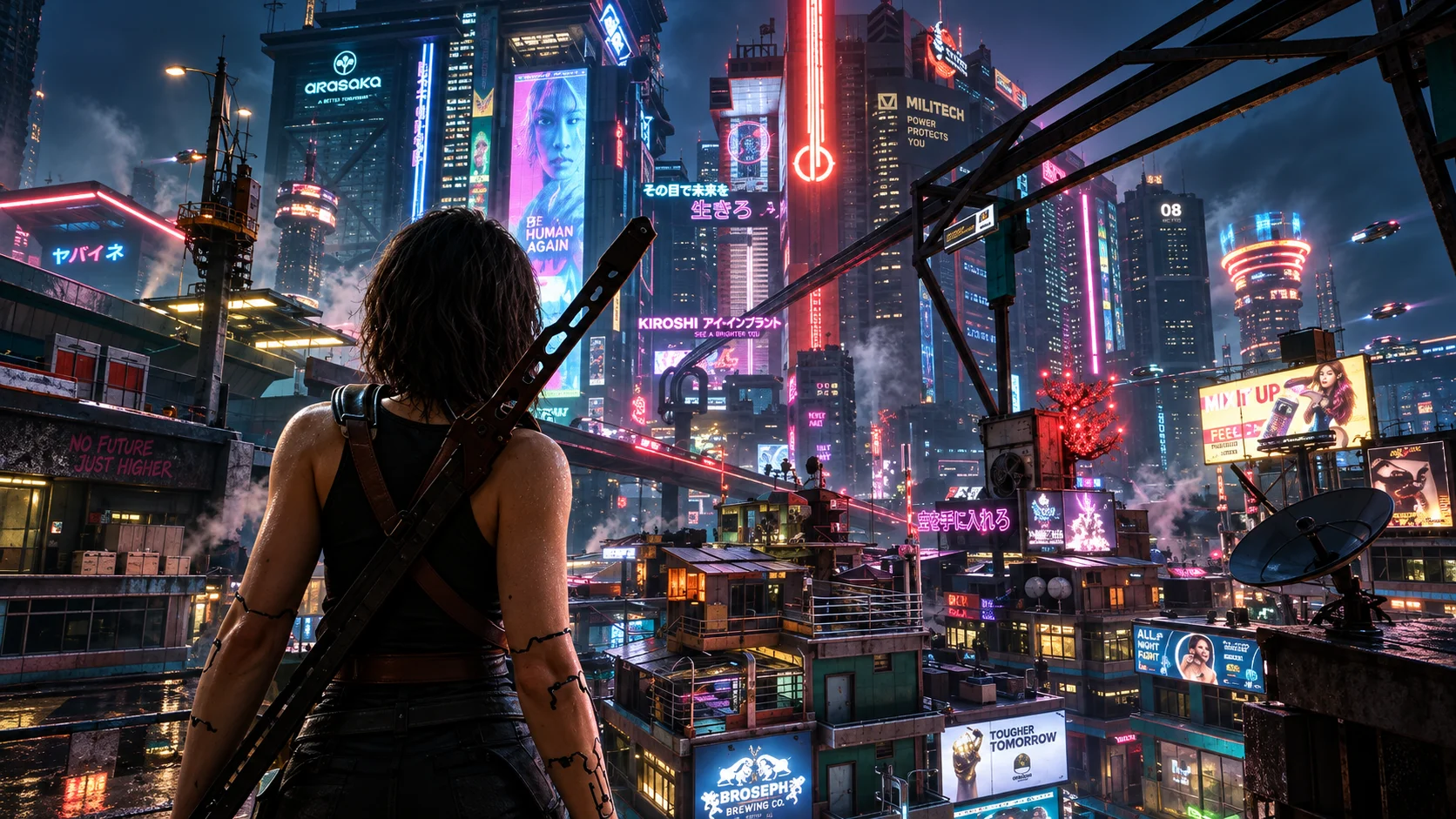 Character from behind, with a sword, viewing a futuristic megacity illuminated by neon.
