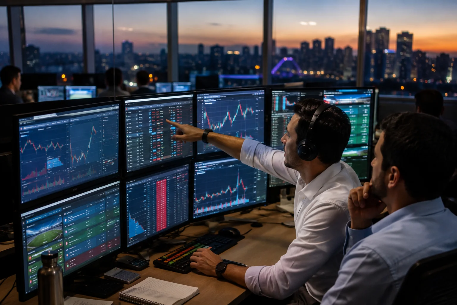 Two professionals observe multiple monitors with market charts, offer tables and sports betting interfaces in a trading office in São Paulo.