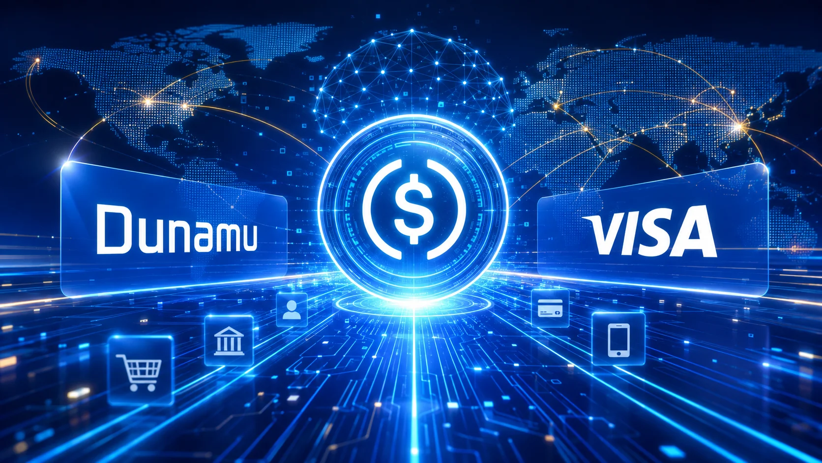 Conceptual illustration shows Dunamu and Visa connected by a stablecoin in a global network of payments and artificial intelligence.