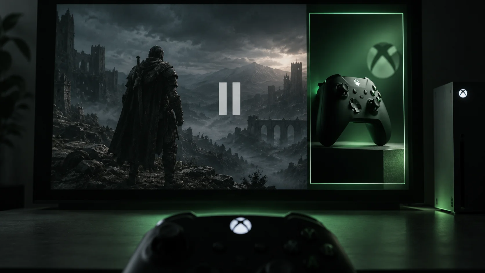 Paused game screen on an Xbox console, with a prominent ad beside it, representing Microsoft's patent for displaying advertising during natural breaks in gameplay.