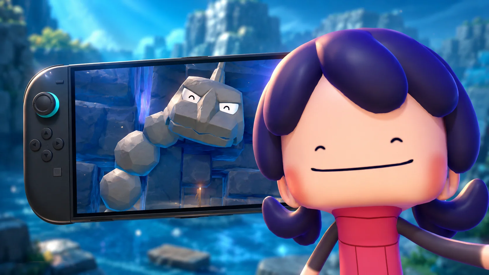 Purple-haired character smiling next to a handheld console displaying a large serpent made of stone blocks in a blue setting.