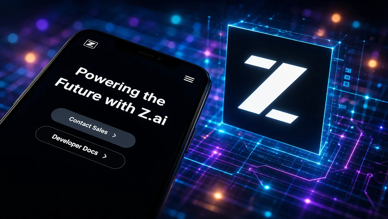 Smartphone displays Z.ai's platform next to the company logo in a digital environment with technology infrastructure elements.