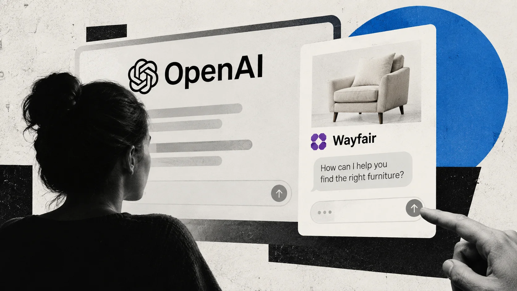 Editorial collage showing a user interacting with an OpenAI interface and a Wayfair-branded AI chat, representing OpenAI’s test of ads that lead to conversations with brand agents.