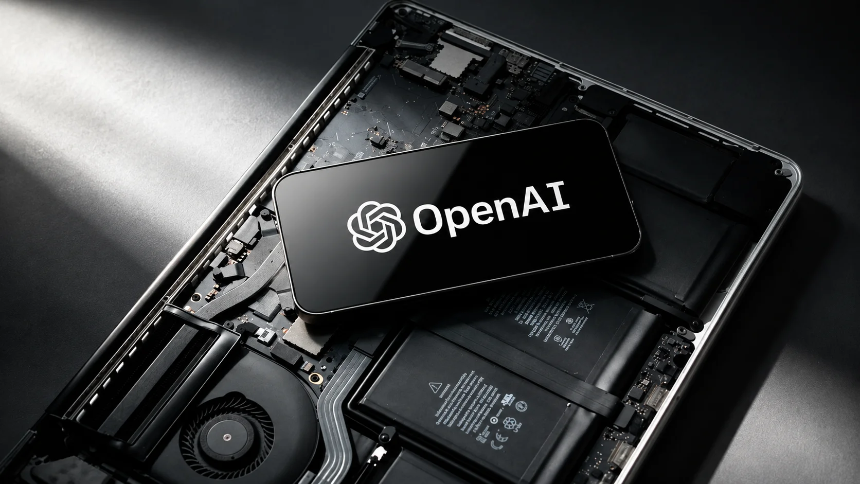 Smartphone displaying the OpenAI logo over the open interior of a computer, with battery, circuit board, and ventilation system visible.