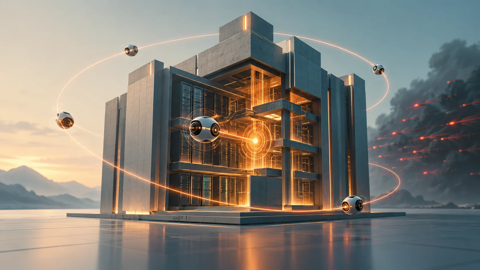Ilustración conceptual de infraestructura digital bajo pruebas continuas de seguridad con agentes de IA.