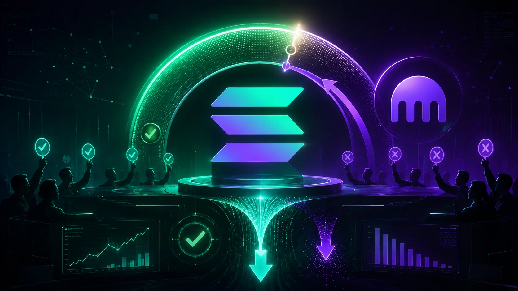 Concept illustration featuring the Solana symbol prominently in the center and the Kraken logo on the right, surrounded by visual elements evoking voting, approval, and contention in ecosystem governance.