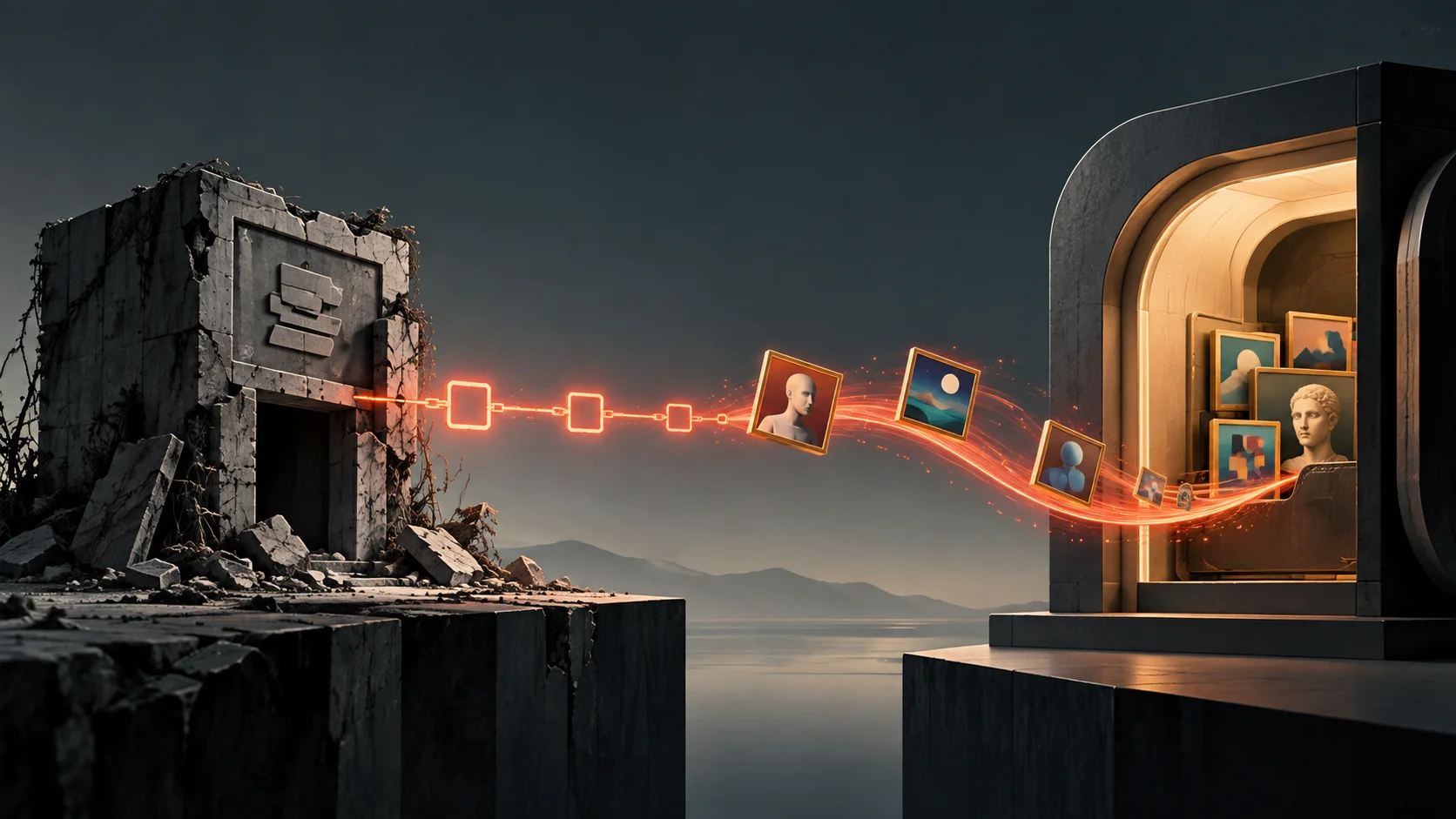 Conceptual illustration shows an abandoned contract connected by a glowing chain to a safe from which digital works are pulled, symbolizing old approvals that expose NFTs to theft.
