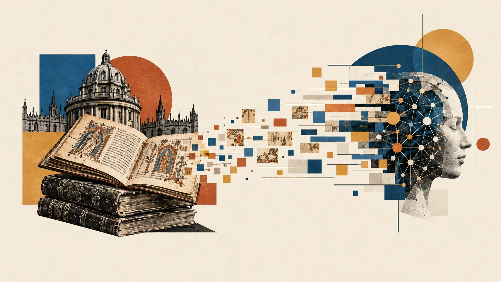 Collage minimalista con libros antiguos y arquitectura académica a la izquierda, transformándose en datos que forman un rostro digital a la derecha.