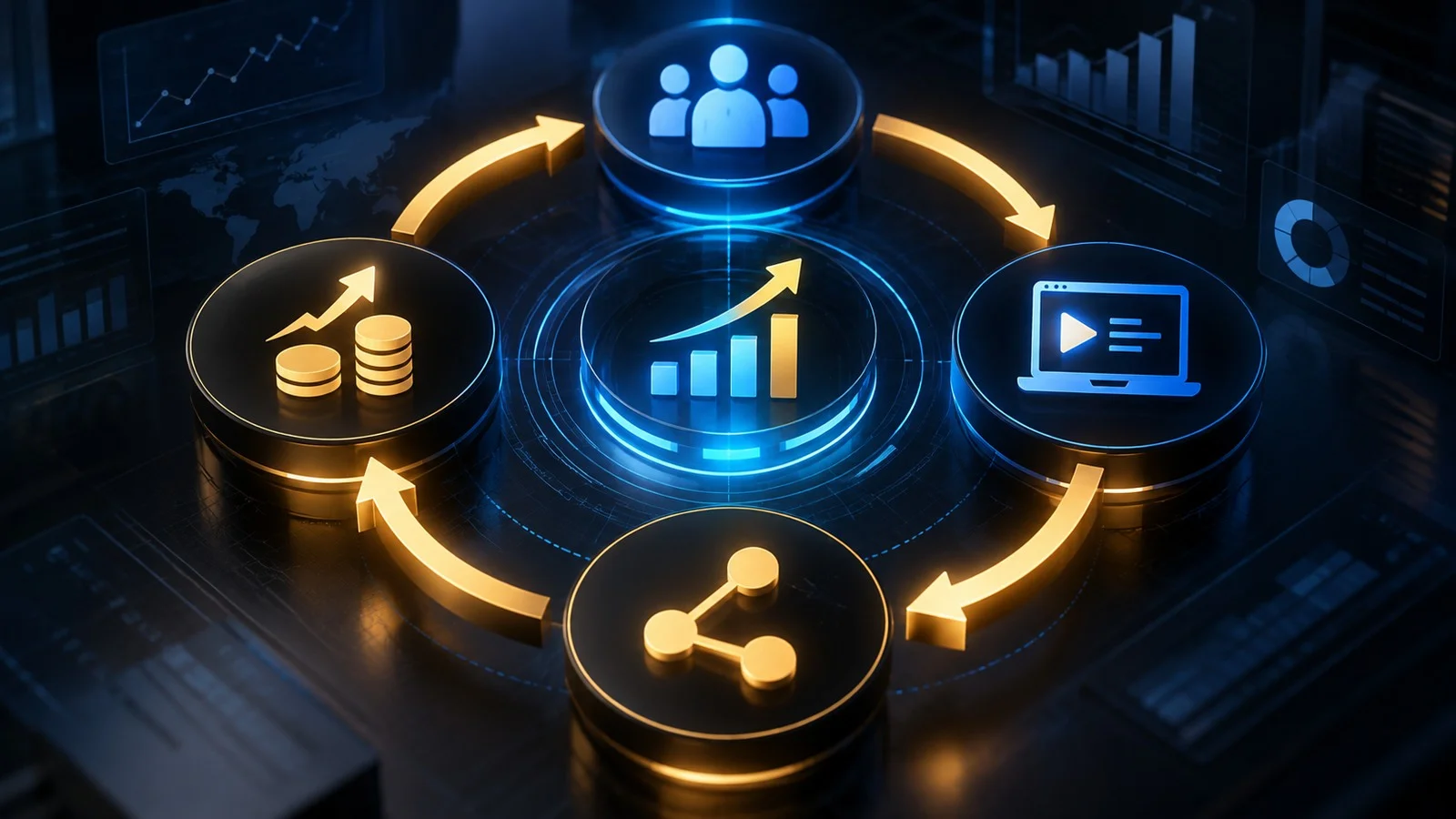 Audience, content, sharing and revenue nodes connected in a continuous growth loop.