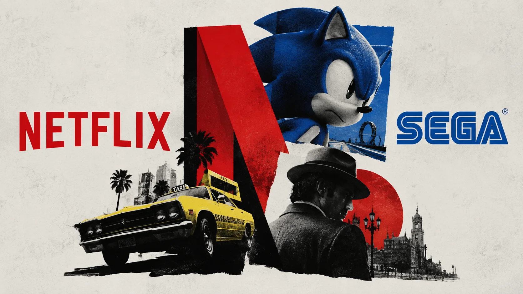 Editorial collage brings together Netflix, Sega, Sonic, a yellow taxi and references to Stranger Than Heaven.
