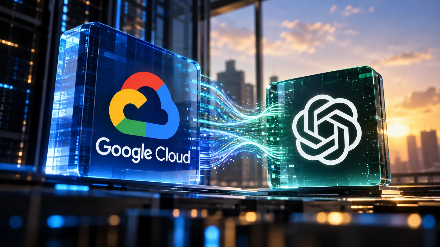 Ilustración de los logotipos de Google Cloud y OpenAI conectados por flujos digitales, que simboliza la integración entre las plataformas.