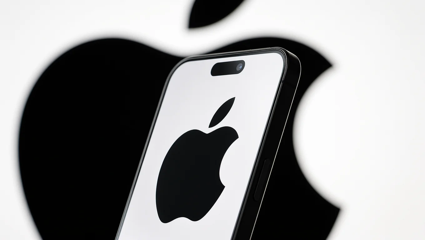 Black iPhone displaying the Apple logo on the screen, placed in front of a large Apple symbol in black and white.