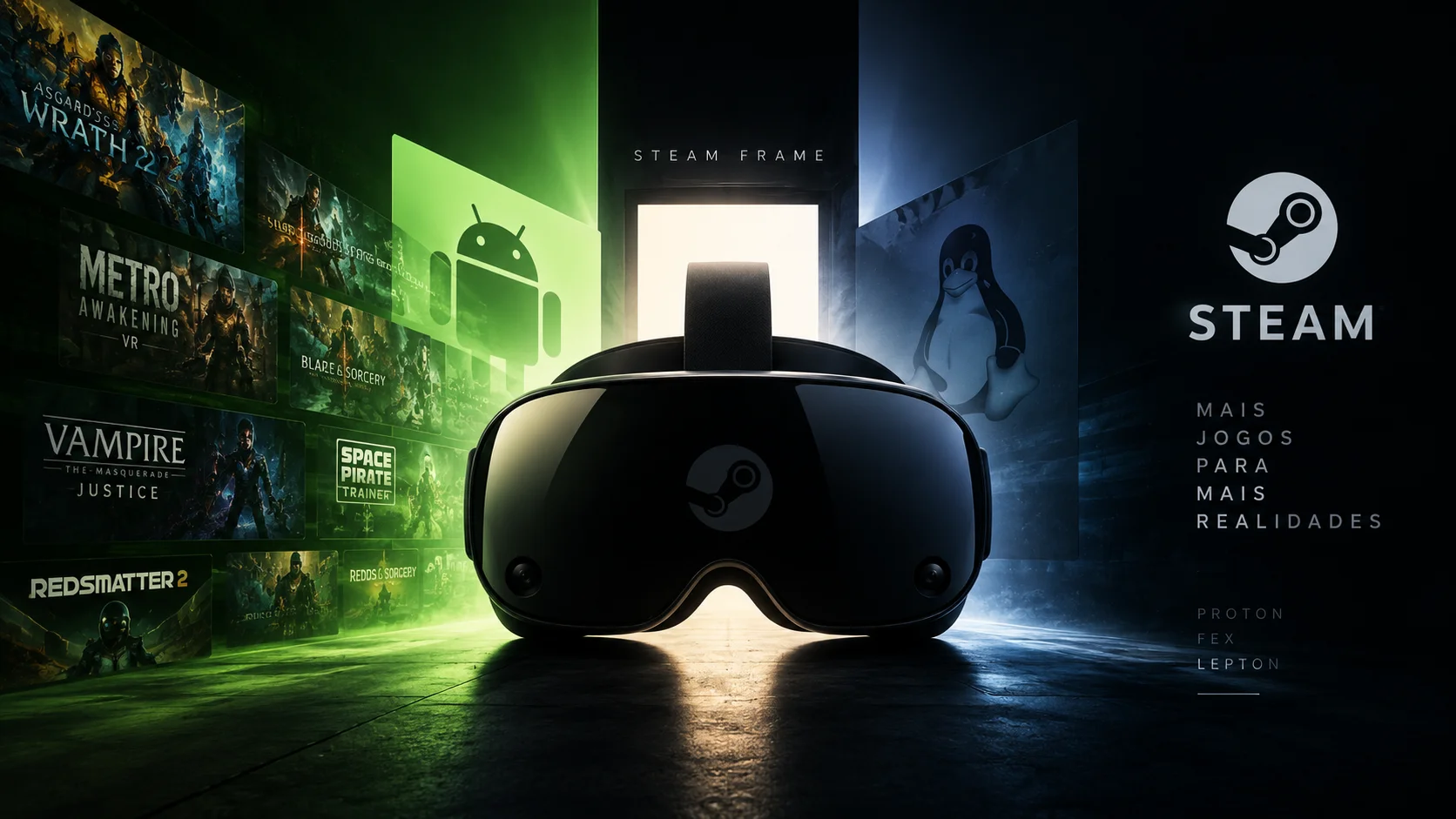 El headset VR representa la integración entre Android, Linux y Steam mediante Lepton.