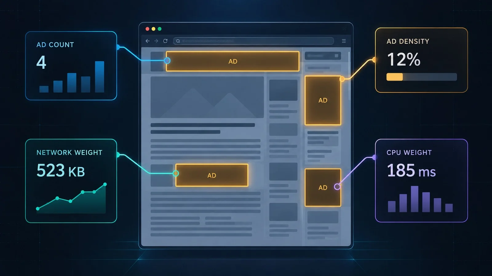 A publisher page mapped to four ad-experience measurements: count, density, network weight and CPU weight.