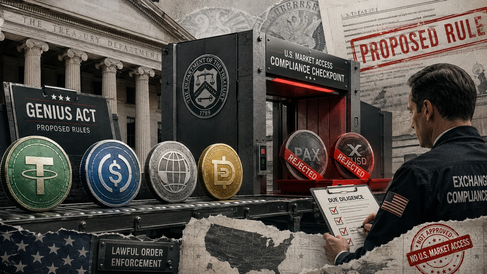 Editorial collage shows the US Treasury building, stablecoin coins passing through a compliance checkpoint, and an agent reviewing a due diligence list, while some foreign tokens appear marked as rejected for access to the American market.