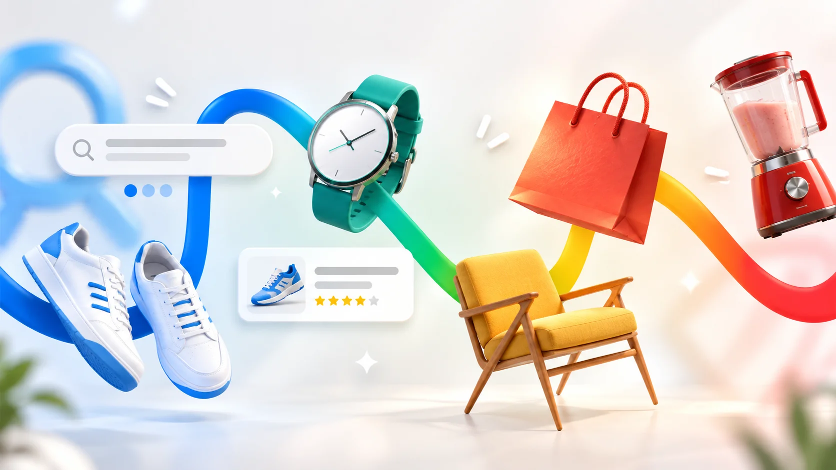 Jornada de compras online com produtos conectados por um fluxo visual de busca, descoberta e checkout.