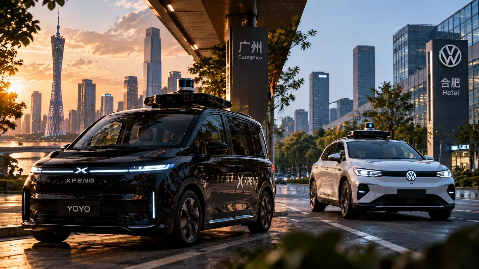 Editorial composition of Xpeng and Volkswagen autonomous vehicles in a Chinese urban setting.