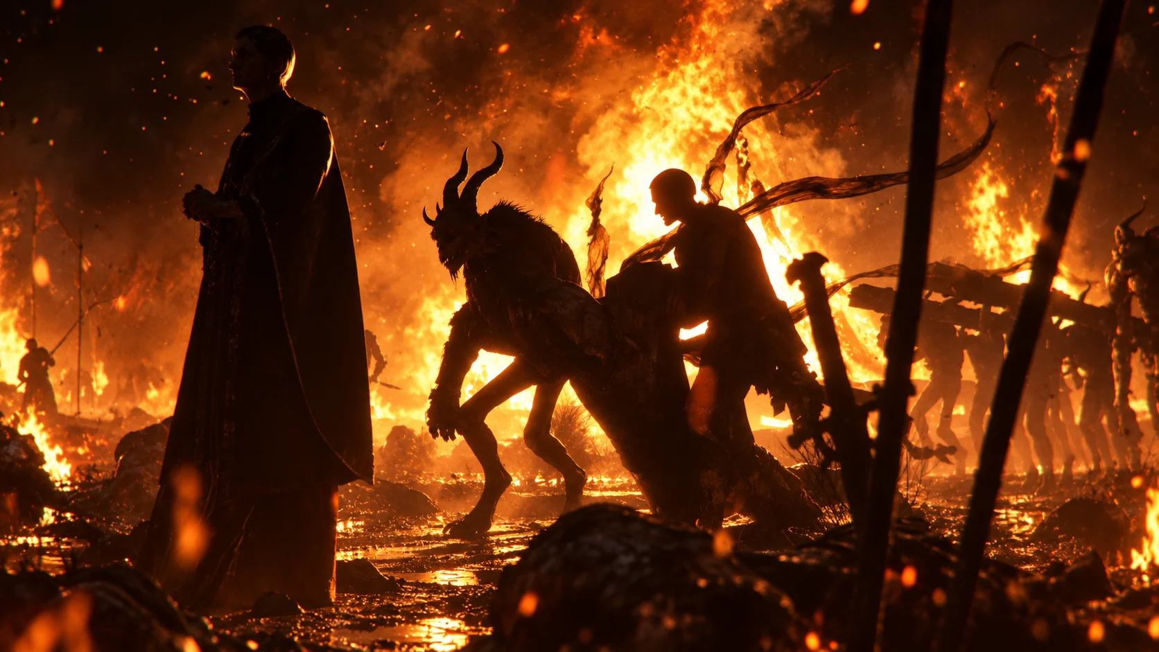 A hooded figure and demonic creatures appear in silhouette before a fiery landscape inspired by Diablo V.