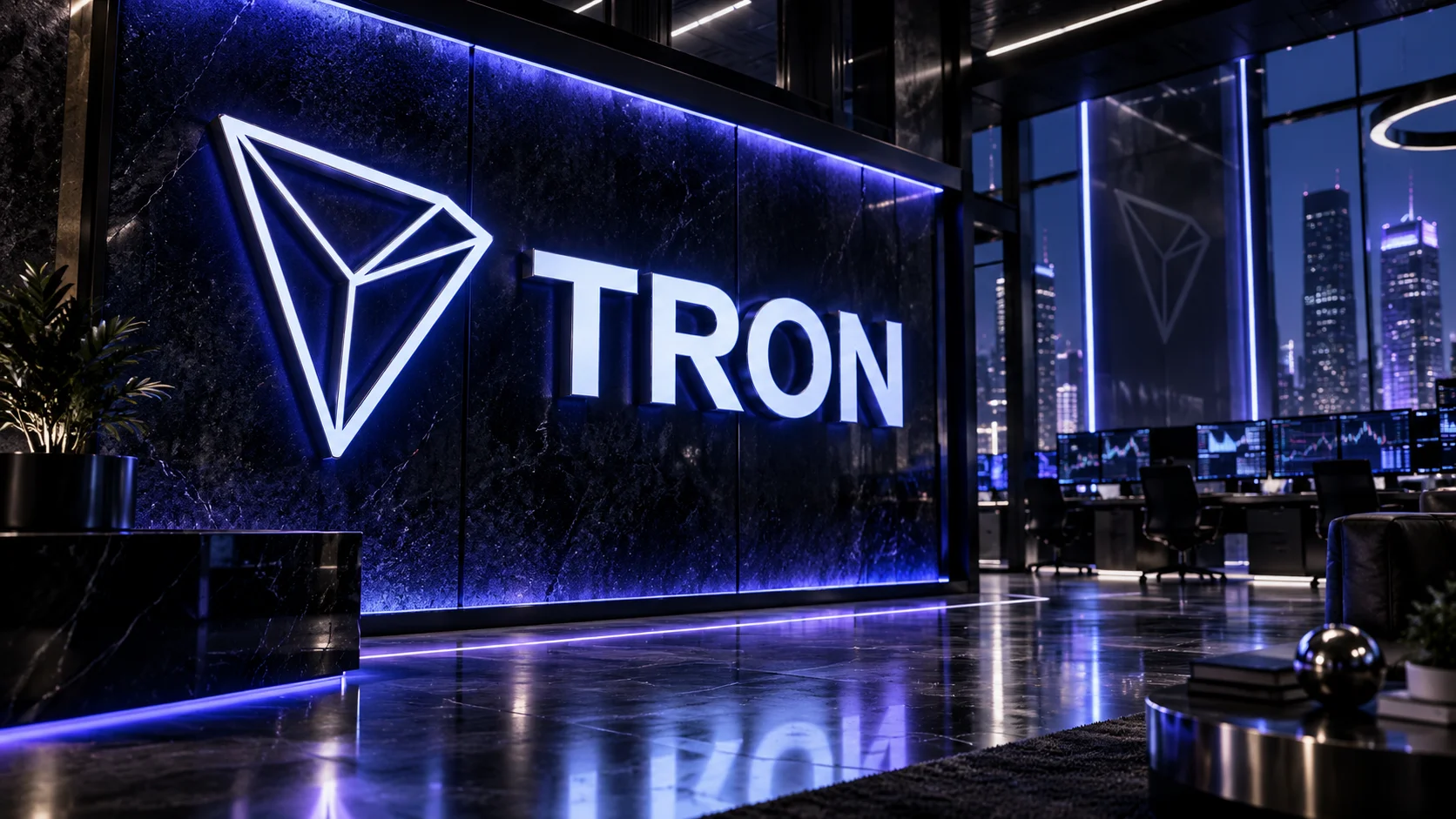 Tron logo illuminated in a modern office, with monitors displaying market charts in the background.