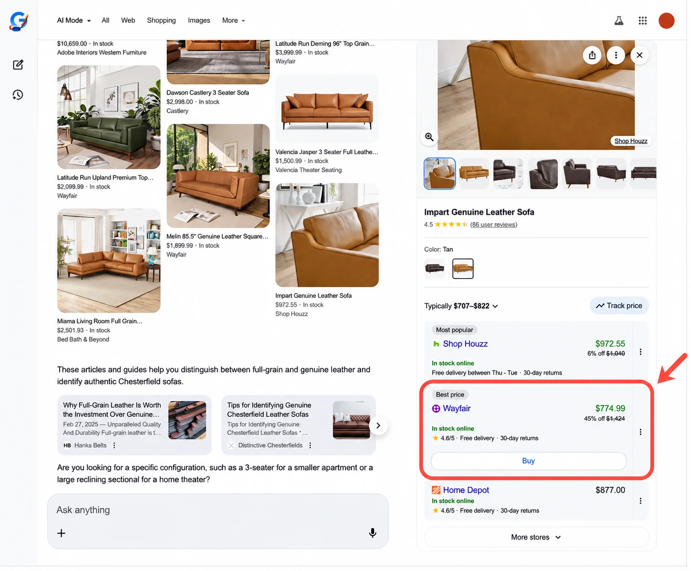 AI Mode compares sellers, highlights the best price and allows starting the purchase within the interface itself.