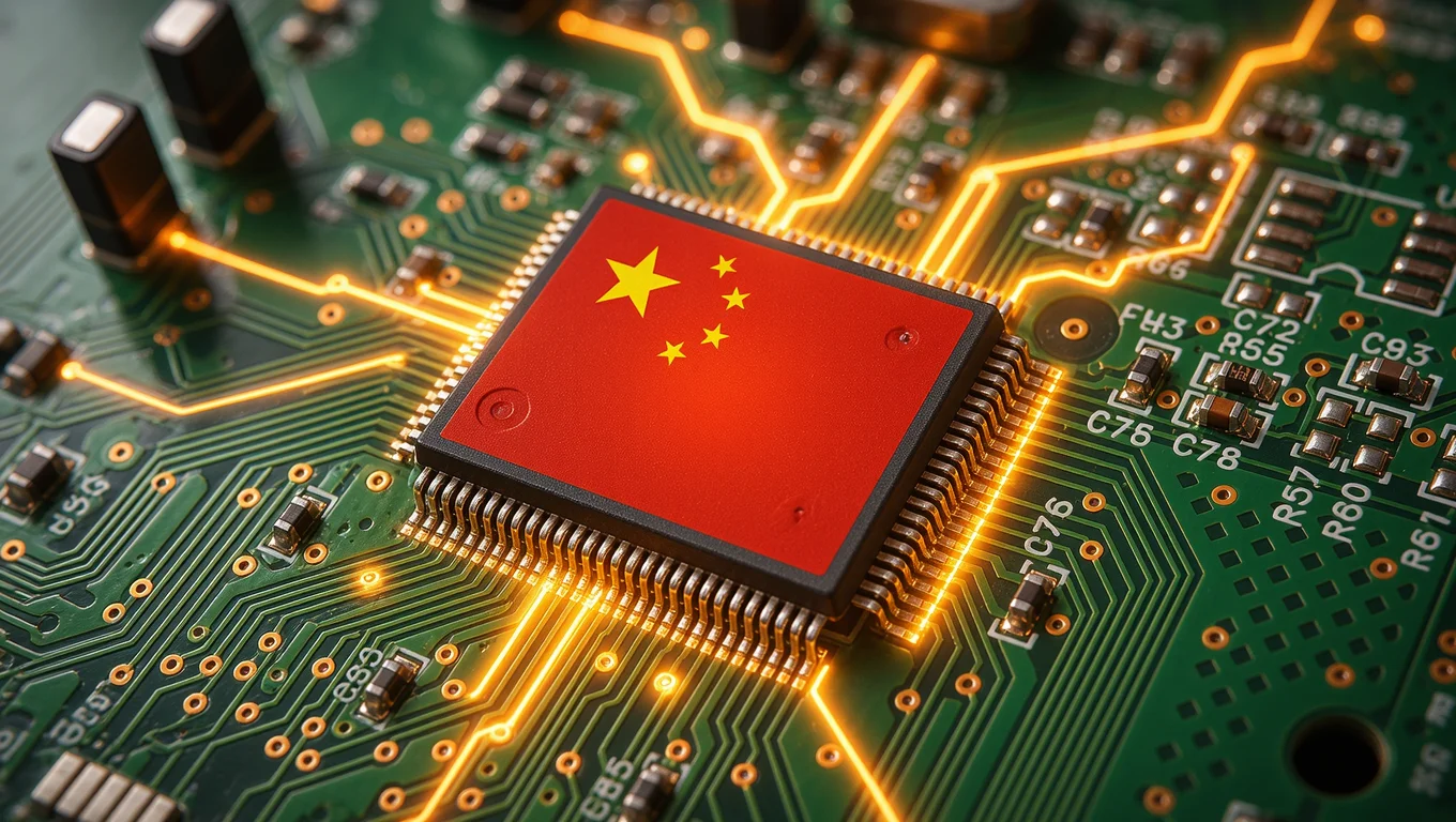Microchip with the Chinese flag printed on the surface, mounted on a green electronic circuit board.