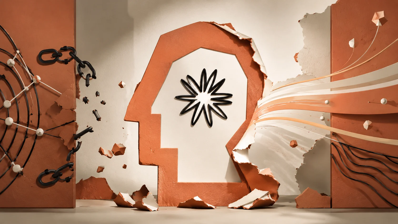 Conceptual illustration in earthy tones shows the Claude symbol inside a head silhouette, surrounded by broken chains and visual flows, representing lower cost and fewer restrictions in Fable 5.1.