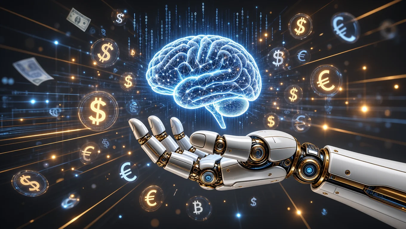 Robotic arm supports a digital brain surrounded by currency symbols such as dollar, euro and Bitcoin, representing the use of artificial intelligence in the financial sector.