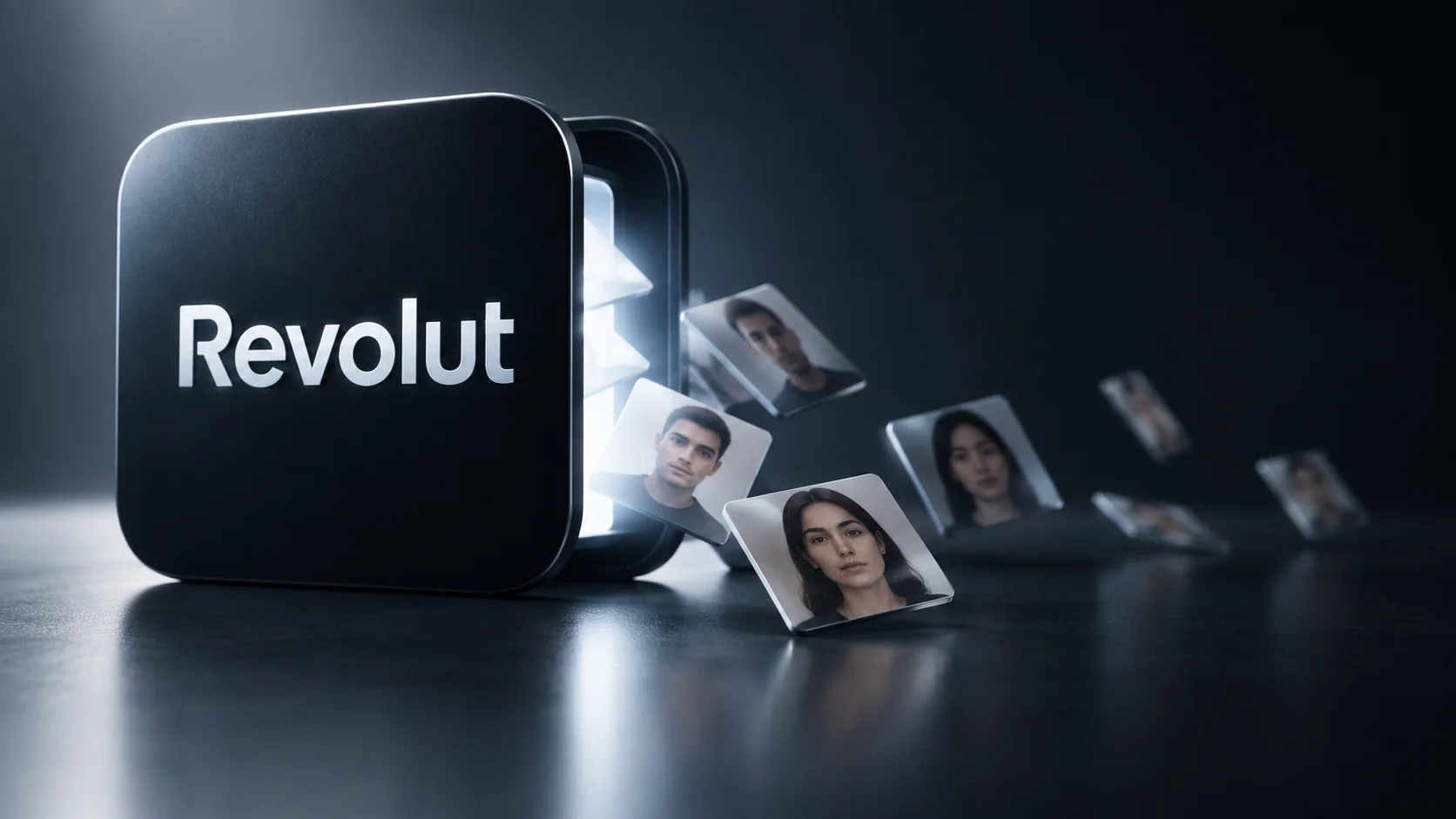 Minimalist conceptual image showing a large Revolut logo block with verification selfie portraits spilling out, symbolizing a customer data leak.