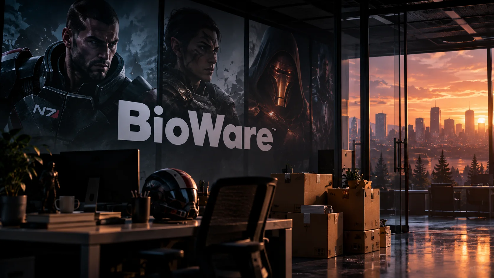 Ilustración de una oficina vacía de BioWare, con cajas de mudanza y referencias a Mass Effect y Dragon Age.