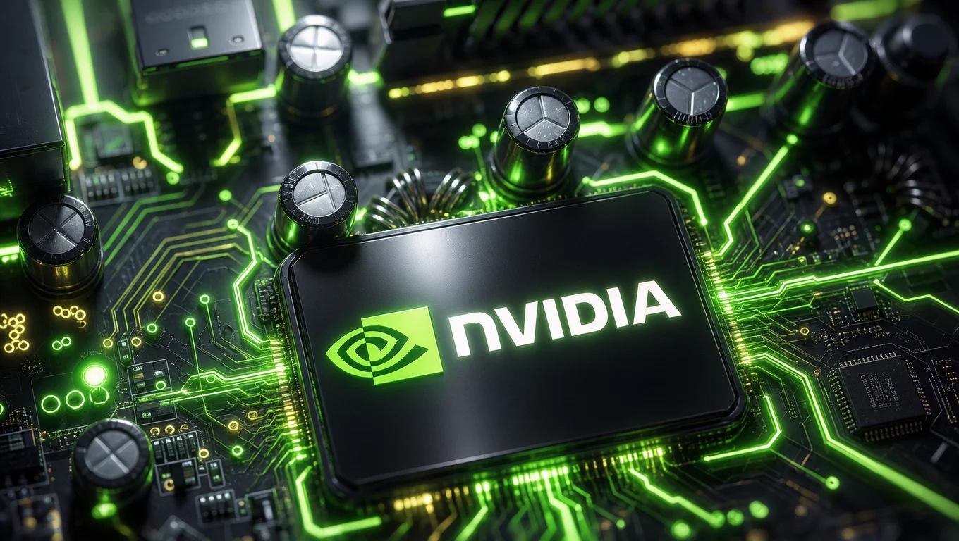 NVIDIA chip on a circuit board with connections illuminated in green, representing hardware for computing and artificial intelligence.