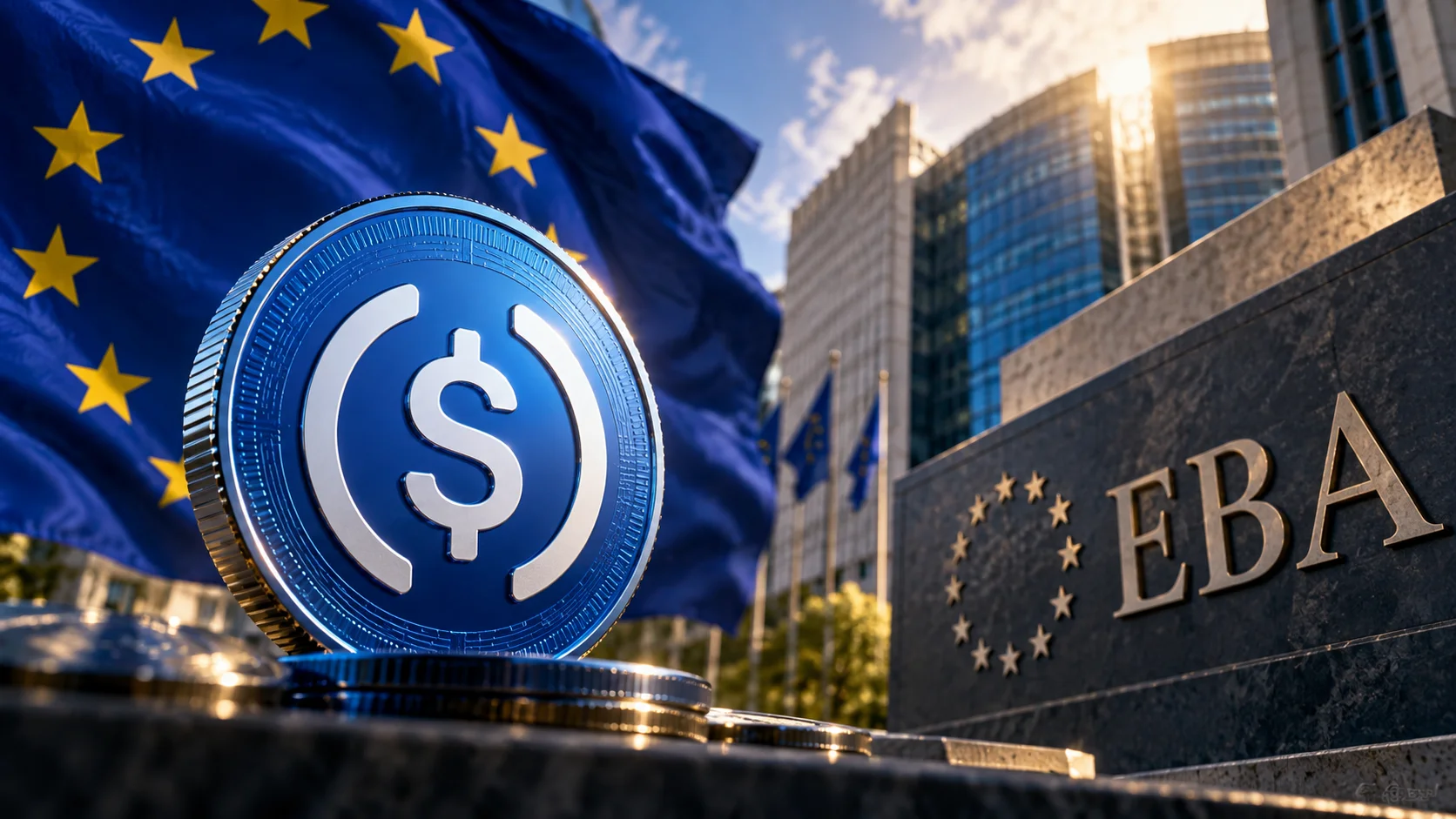 USDC coin in the foreground, with the European Union flag and the identification of the European Banking Authority (EBA) in the background.