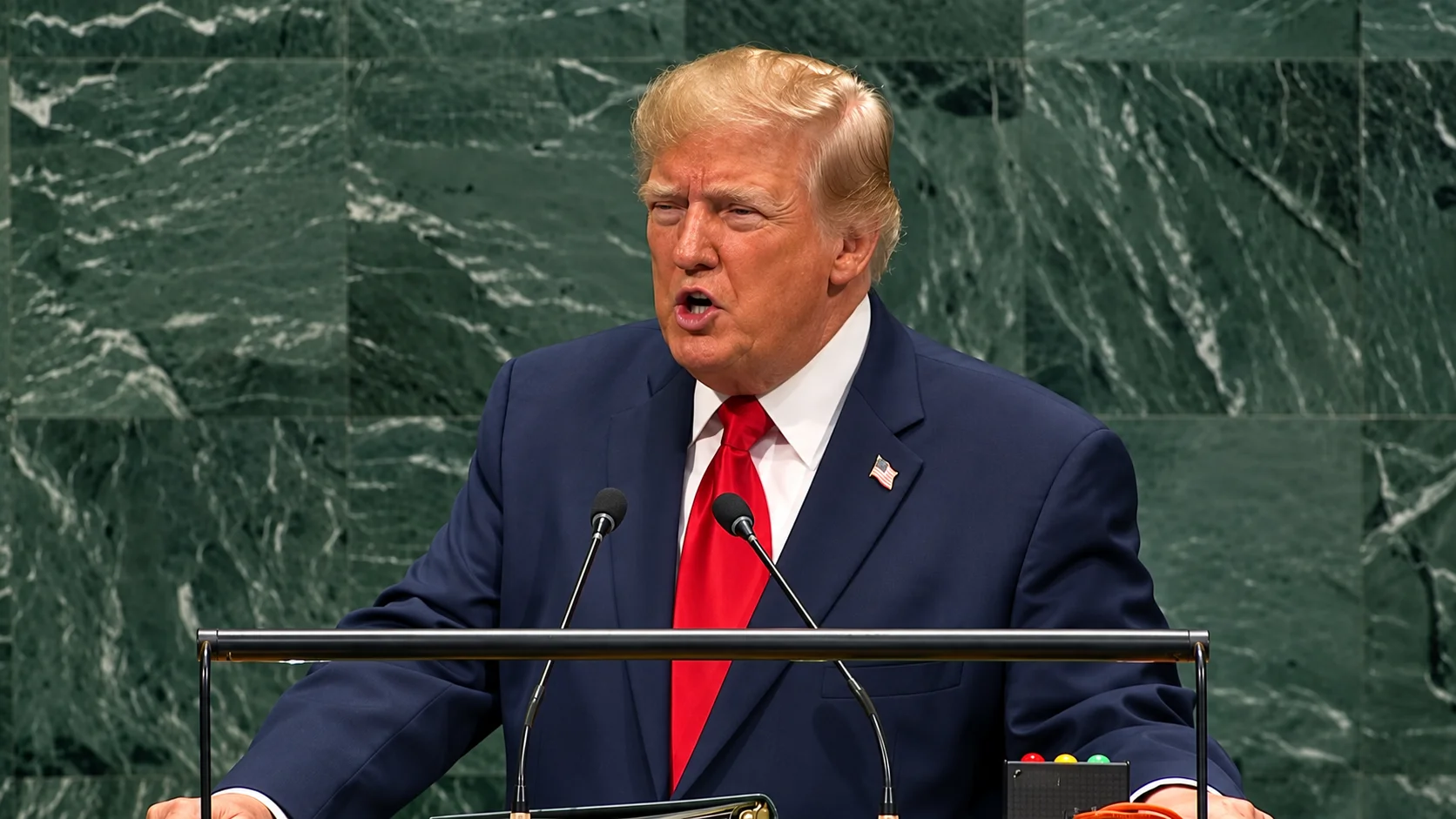 Donald Trump hablando en el podio de la Asamblea General de la ONU.