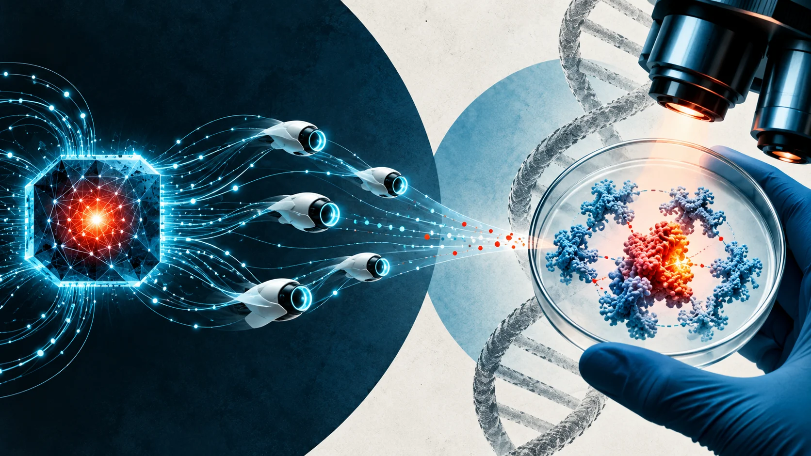 Ilustración conceptual muestra agentes de IA conectados a un núcleo digital y el análisis de una estructura molecular en laboratorio.