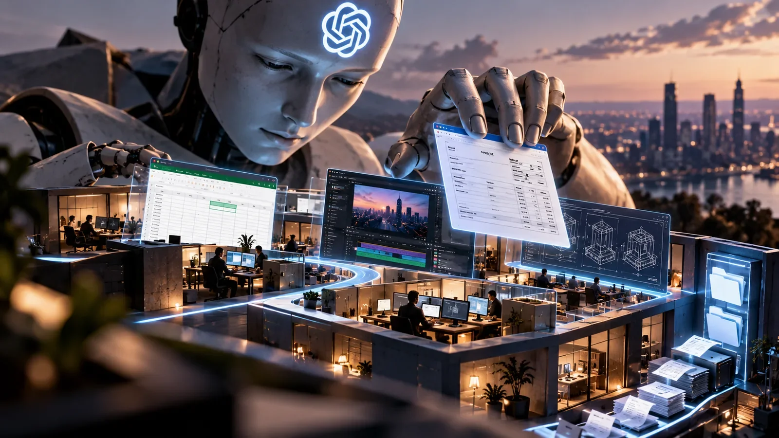 Representação de inteligência artificial operando aplicativos e documentos digitais em um ambiente corporativo.