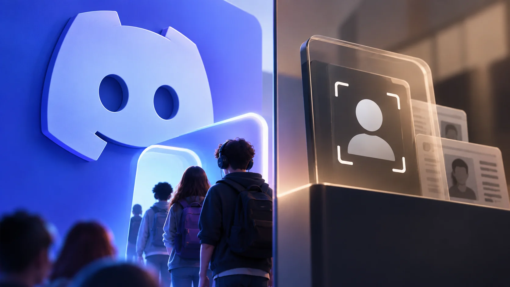 Imagen conceptual del logotipo de Discord junto a una interfaz de verificación de edad que representa la garantía de edad conductual y las comprobaciones de identidad.