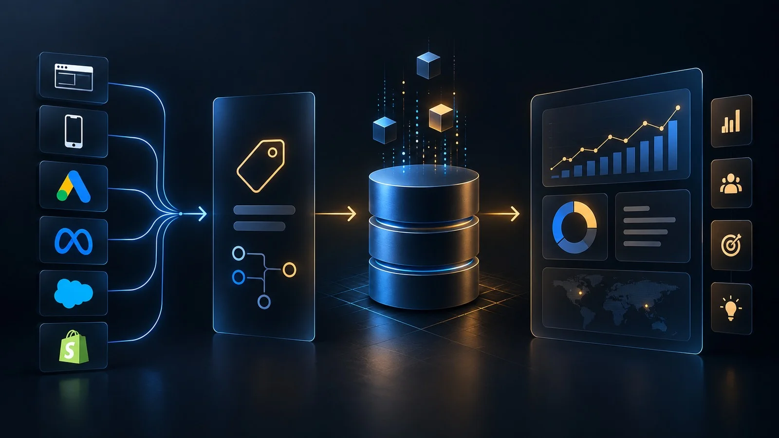 Data sources flowing through collection and storage layers into dashboards and decision signals.