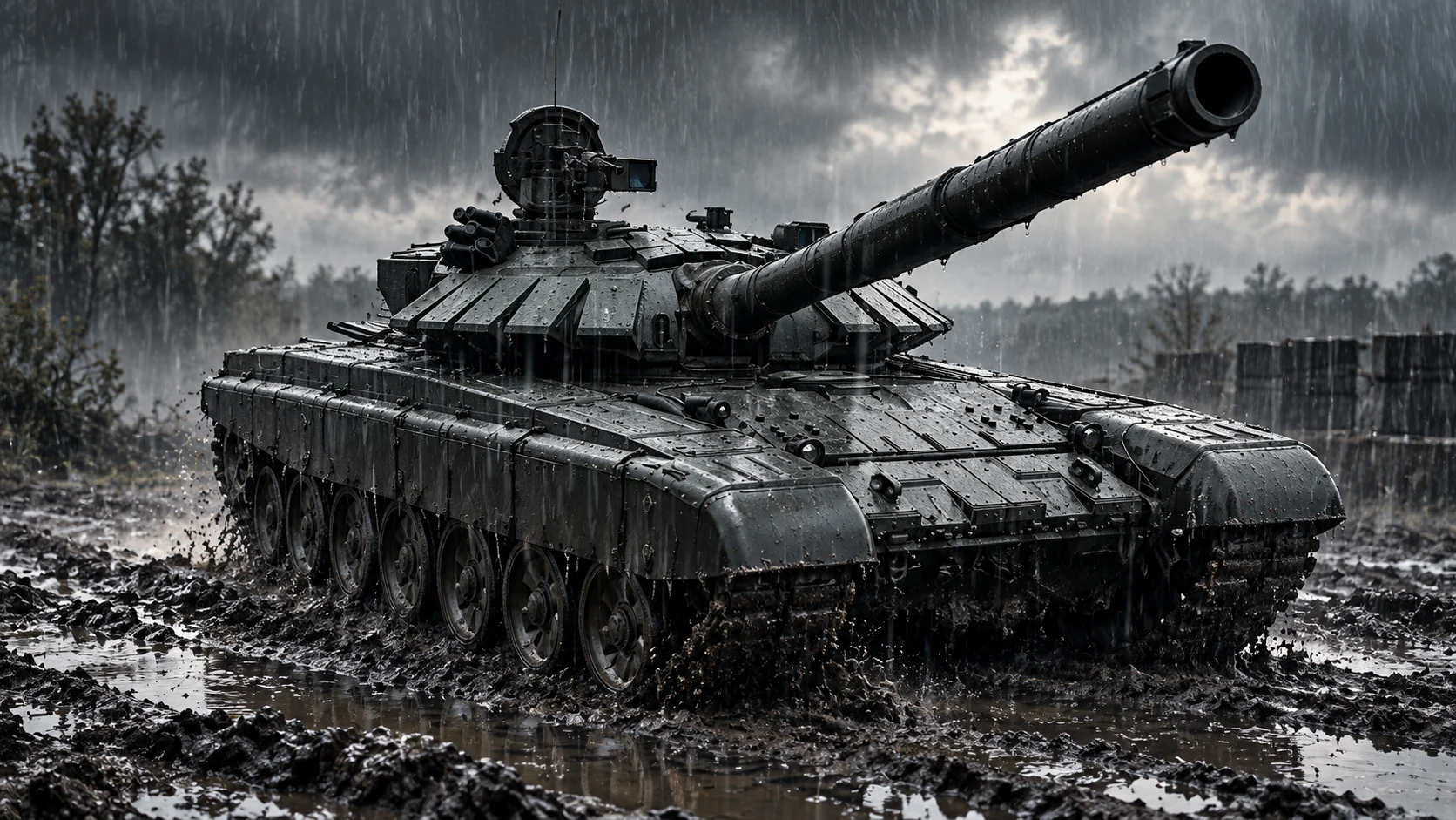 War tank on muddy terrain under heavy rain in the game WARDOGS.