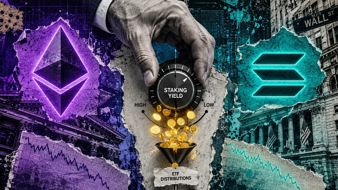 Editorial collage with Ethereum and Solana logos, Wall Street in the background, and a staking gauge directing rewards to ETF distributions.