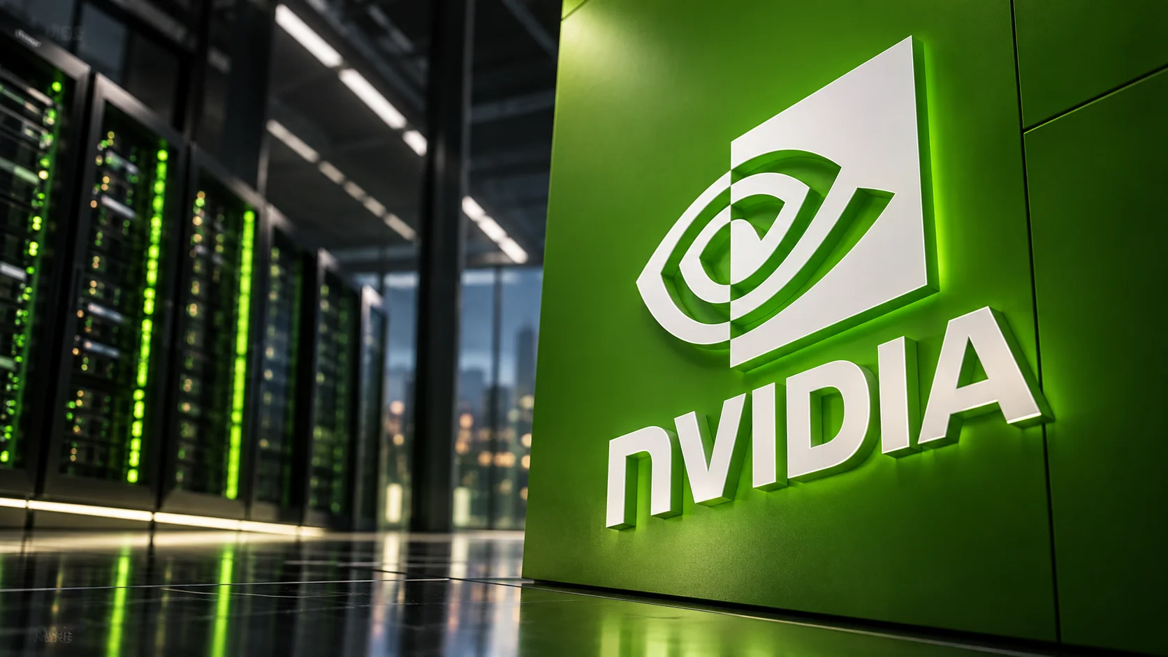 Nvidia logo on a green panel next to server racks in a data center.