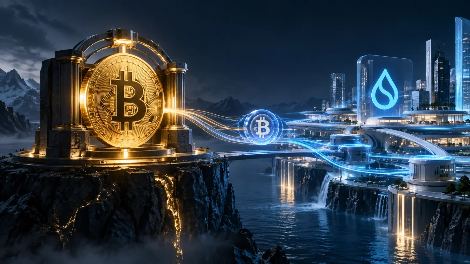 Bitcoin protected in a digital structure, connected to the Sui network by luminous streams.